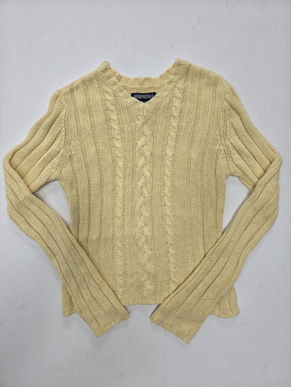 VTG Aeropostale Ramie Cotton cable knit yellow sweater v neck sz M